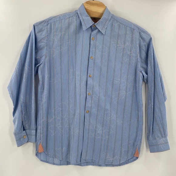 Tommy Bahama Mens Medium Blue Striped Flower Pattern L/S Button Up Cotton Shirt - Picture 5 of 6
